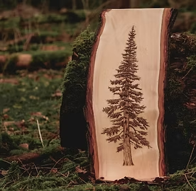A piece of pyrography art depicting a pine tree. The piece of art is sitting in a lush green mossy environment.